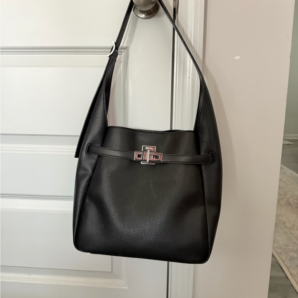 DKNY Black Pebbled Leather Shoulder Bag with Silver-Tone Turnlock